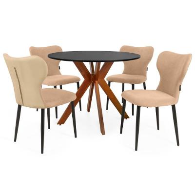 Conjunto Mesa De Jantar Redonda Marci 100cm Preta Com 4 Cadeiras Estofadas Jacobsen - Bege