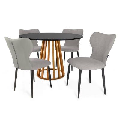 Conjunto Mesa De Jantar Redonda Talia Amadeirada Preta 120cm Com 4 Cadeiras Estofadas Jacobsen - Cinza