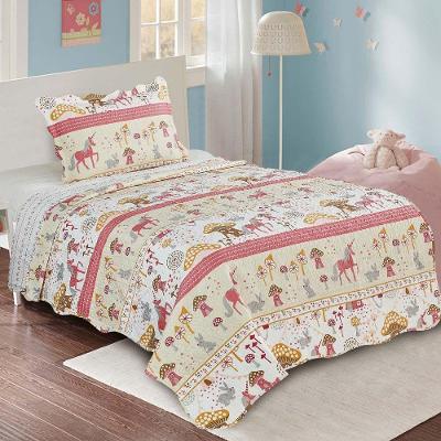 Kit Cobre Leito Colcha Solteiro Infantil Joy Dupla Face Estampado 2 Peças - Cogumelos - Rosa - 100% Poliéster