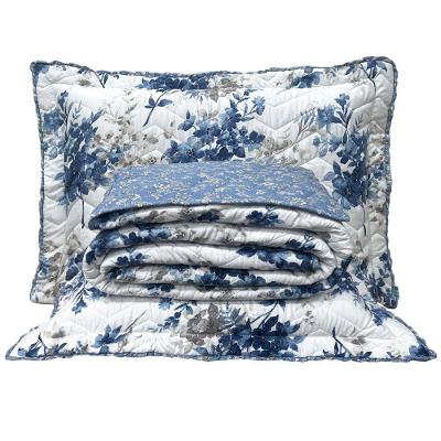 Kit Cobre Leito Colcha Casa Scarpa Classics King Dupla Face Percal 300 Fios Estampado 3 Peças - Flores Azuis