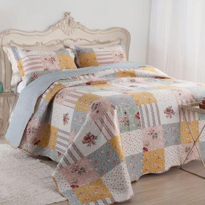 Kit Cobre Leito Colcha Mix Queen Estampado Dupla Face Floral 3 Peças - Luana