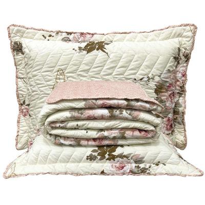 Kit Cobre Leito Colcha Casa Scarpa Classics Queen Dupla Face Percal 300 Fios Estampado 3 Peças - Flores Rosê