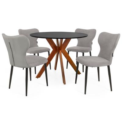 Conjunto Mesa De Jantar Redonda Marci 100cm Preta Com 4 Cadeiras Estofadas Jacobsen - Cinza
