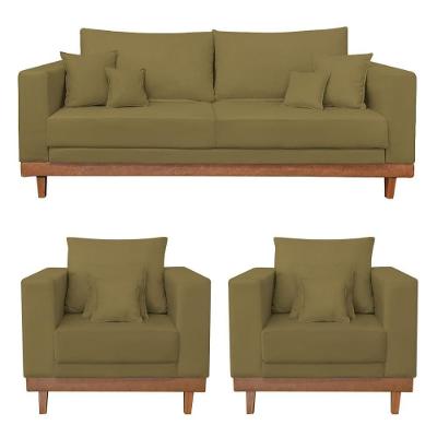 Kit 2 Poltronas Living + Sofá 2 Lugares Base Madeira Suede Capuccino