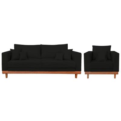 Kit 1 Poltrona Living Suede + Sofá 2 Lugares Com Almofadas Preto