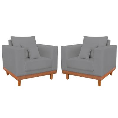 Kit 02 Poltronas Living Linho Base Resistente + Almofadas Grafite