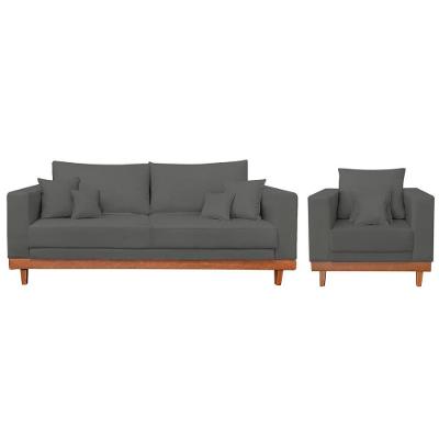 Kit 1 Poltrona Living Suede + Sofá 2 Lugares Com Almofadas Cinza
