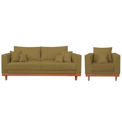 Kit 1 Poltrona Living Suede + Sofá 2 Lugares Com Almofadas Capuccino