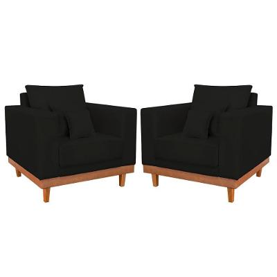 Kit 2 Poltronas Suede Resistentes Base Madeira + Almofadas Preto