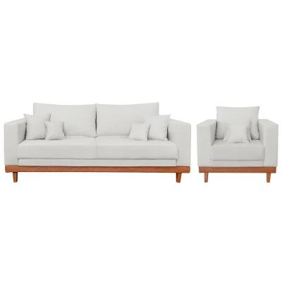 Kit 1 Poltrona Living Linho + Sofá 2 Lugares Com Almofadas Bege