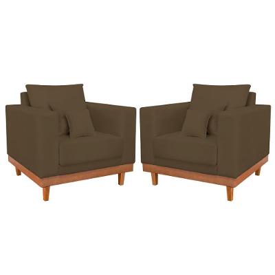 Kit 02 Poltrona Living Suede Base Madeira Sala Recepção Marrom