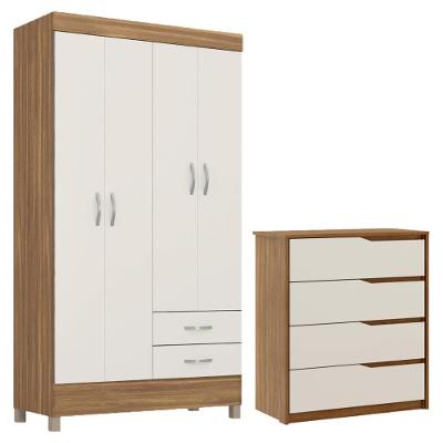Kit Guarda Roupa Solteiro 4 Portas Astro Cômoda Atria Amêndola Touch Off White