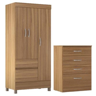 Kit Guarda Roupa Solteiro 3 Portas Wind Cômoda Astral Amêndola Touch