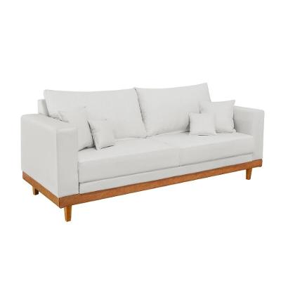 Sofá Living 3 Lugares Linho Resistente Madeira + Almofadas Bege