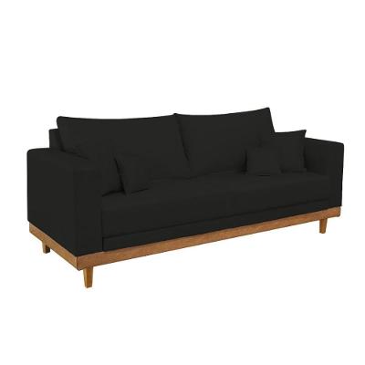 Sofá 3 Lugar Base Reforçada Madeira Tecido Suede + Almofada Preto