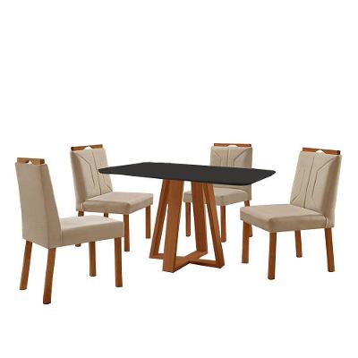 Conjunto Sala De Jantar Mesa Floripa 120x80cm Preto Com 4 Cadeiras Luna Veludo Bege