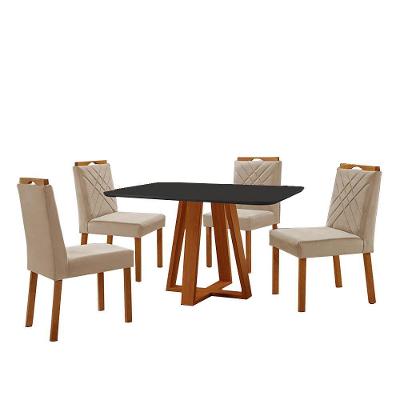 Conjunto Sala De Jantar Mesa Floripa 120x80cm Preto Com 4 Cadeiras Dallas Veludo Bege