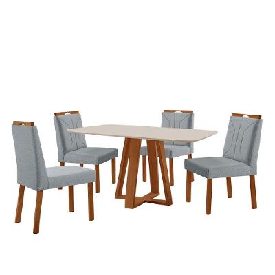 Conjunto Sala De Jantar Mesa Floripa 140x80cm Off White Com 4 Cadeiras Luna Linho Cinza