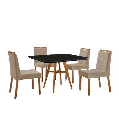 Conjunto Sala De Jantar Mesa Atenas 90x90cm Preto Com 4 Cadeiras Bela Veludo Bege