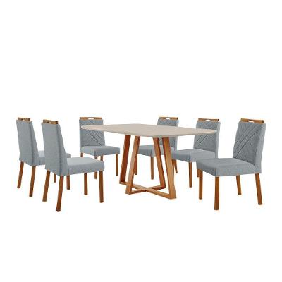 Conjunto Sala De Jantar Mesa Florença 160x90cm Off White Com 6 Cadeiras Dallas Linho Cinza