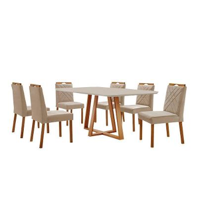 Conjunto Sala De Jantar Mesa Florença 180x90cm Off White Com 6 Cadeiras Dallas Veludo Bege