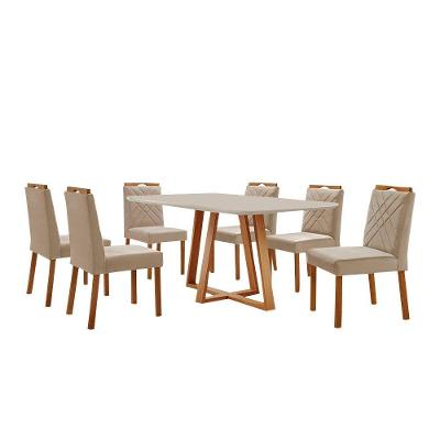 Conjunto Sala De Jantar Mesa Florença 160x90cm Off White Com 6 Cadeiras Dallas Veludo Bege