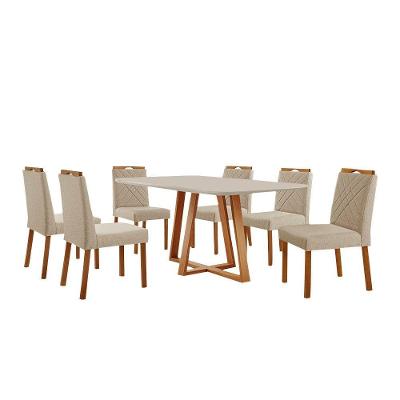 Conjunto Sala De Jantar Mesa Florença 160x90cm Off White Com 6 Cadeiras Dallas Linho Bege