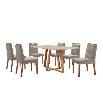 Conjunto Sala De Jantar Mesa Florença 160x90cm Off White Com 6 Cadeiras Dallas Veludo Cinza