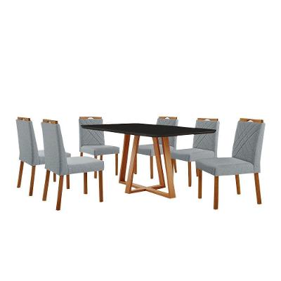 Conjunto Sala De Jantar Mesa Florença 160x90cm Preto Com 6 Cadeiras Dallas Linho Cinza