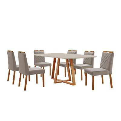 Conjunto Sala De Jantar Mesa Florença 180x90cm Off White Com 6 Cadeiras Dallas Veludo Cinza