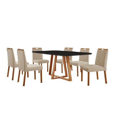 Conjunto Sala De Jantar Mesa Florença 180x90cm Preto Com 6 Cadeiras Dallas Linho Bege
