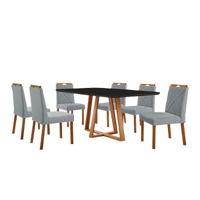Conjunto Sala De Jantar Mesa Florença 180x90cm Preto Com 6 Cadeiras Dallas Linho Cinza
