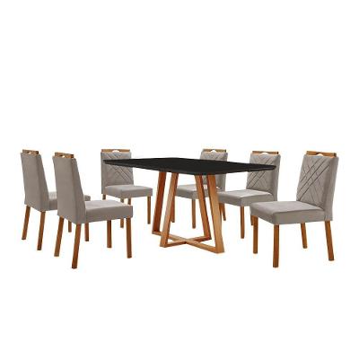 Conjunto Sala De Jantar Mesa Florença 160x90cm Preto Com 6 Cadeiras Dallas Veludo Cinza