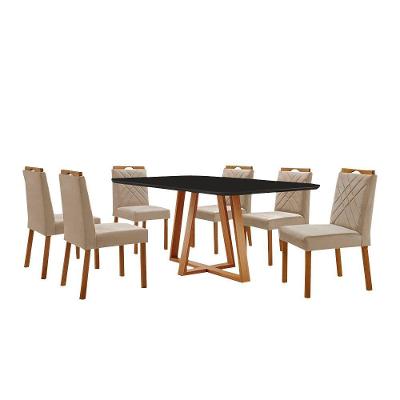 Conjunto Sala De Jantar Mesa Florença 180x90cm Preto Com 6 Cadeiras Dallas Veludo Bege