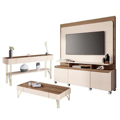 Estante Home Theater Quantum E Aparador Vivant E Mesa De Centro Cadenza Off White Castanho- Hb Móveis