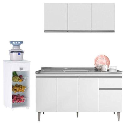 Balcão De Pia Tatiane 145 Cm E Armário Aéreo Andréia 3 Portas 120 Cm Com Fruteira Monalise Branco Brilho - Ajl