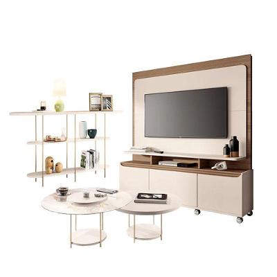 Estante Home Theater Quantum Off White Castanho E Aparador Infinity E Kit Mesa De Centro Sky Off White - Hb Móveis
