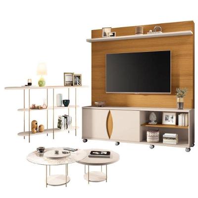 Estante Home Theater Luxor Cinamomo Off White E Aparador Infinity E Kit Mesa De Centro Sky Off White- Hb Móveis