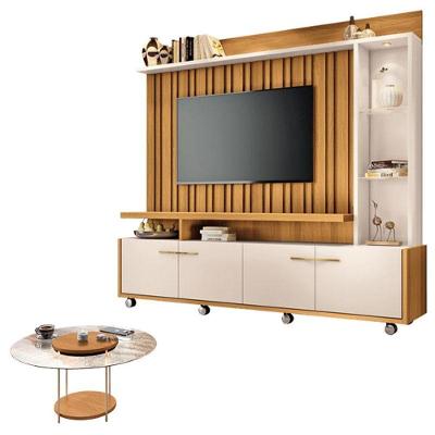 Estante Home Theater Titan Off White Cinamomo E Mesa De Centro Sky Com Tampo De Vidro Cinamomo - Hb Móveis