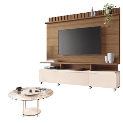 Estante Home Theater Artís Castanho Off White E Mesa De Centro Sky Com Tampo De Vidro Off White - Hb Móveis