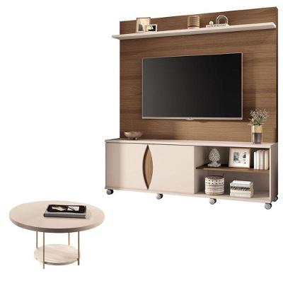 Estante Home Theater Luxor Castanho Off White E Mesa De Centro Sky Off White- Hb Móveis