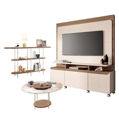 Estante Home Theater Quantum E Aparador Infinity E Mesa De Centro Sky Com Tampo De Vidro Off White Castanho- Hb Móveis