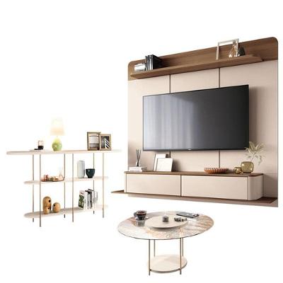 Home Suspenso Galax Castanho Off White E Aparador Infinity E Mesa De Centro Sky Com Tampo De Vidro Off White- Hb Móveis