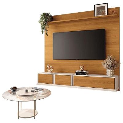 Home Suspenso Max Cinamomo Off White E Mesa De Centro Sky Com Tampo De Vidro Off White- Hb Móveis