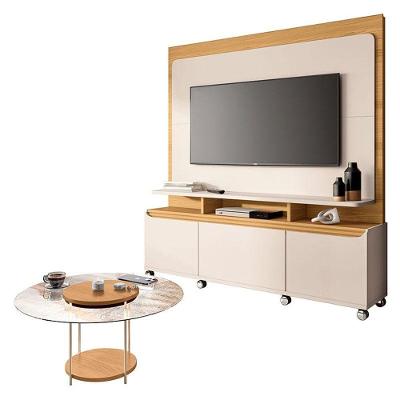 Estante Home Theater Quantum Off White Cinamomo E Mesa De Centro Sky Com Tampo De Vidro Cinamomo- Hb Móveis