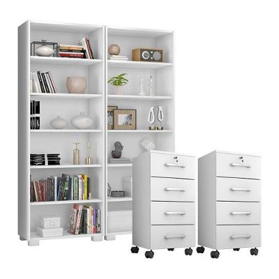 Kit 2 Gaveteiros Para Escritório Gávea Com Chave E 2 Livreiros Office Branco Fosco - Móveis Leão