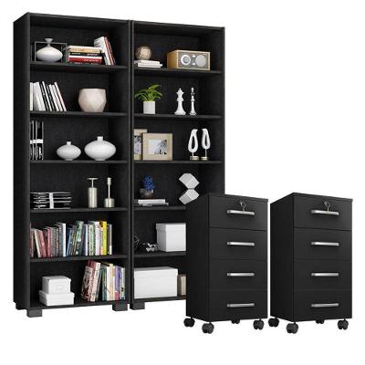 Kit 2 Gaveteiros Para Escritório Gávea Com Chave E 2 Livreiros Office Preto Fosco - Móveis Leão