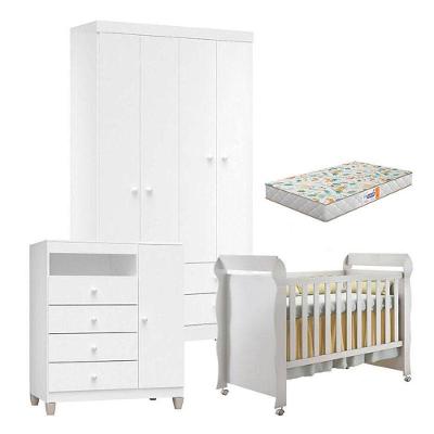 Quarto De Bebê 4 Portas Ternura Baby Com Berço Mirelle Branco Brilho Com Colchão Gazin - Incorplac