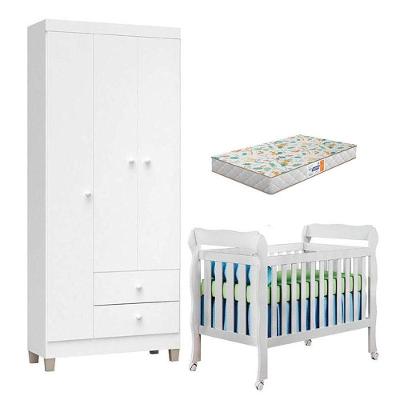 Berço Americano Lila Com Colchão Gazin E Guarda Roupa Ternura Baby 3 Portas Branco Brilho - Incorplac
