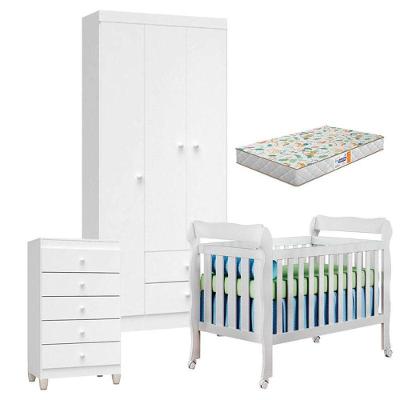 Quarto De Bebê 3 Portas Ternura Baby Com Berço Lila Branco Brilho Com Colchão Gazin - Incorplac